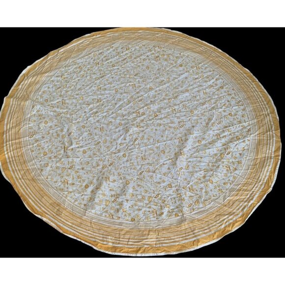 Vintage Cotton French Country 66" Round Mustard Cream Floral Stripe Tablecloth - Picture 2 of 8